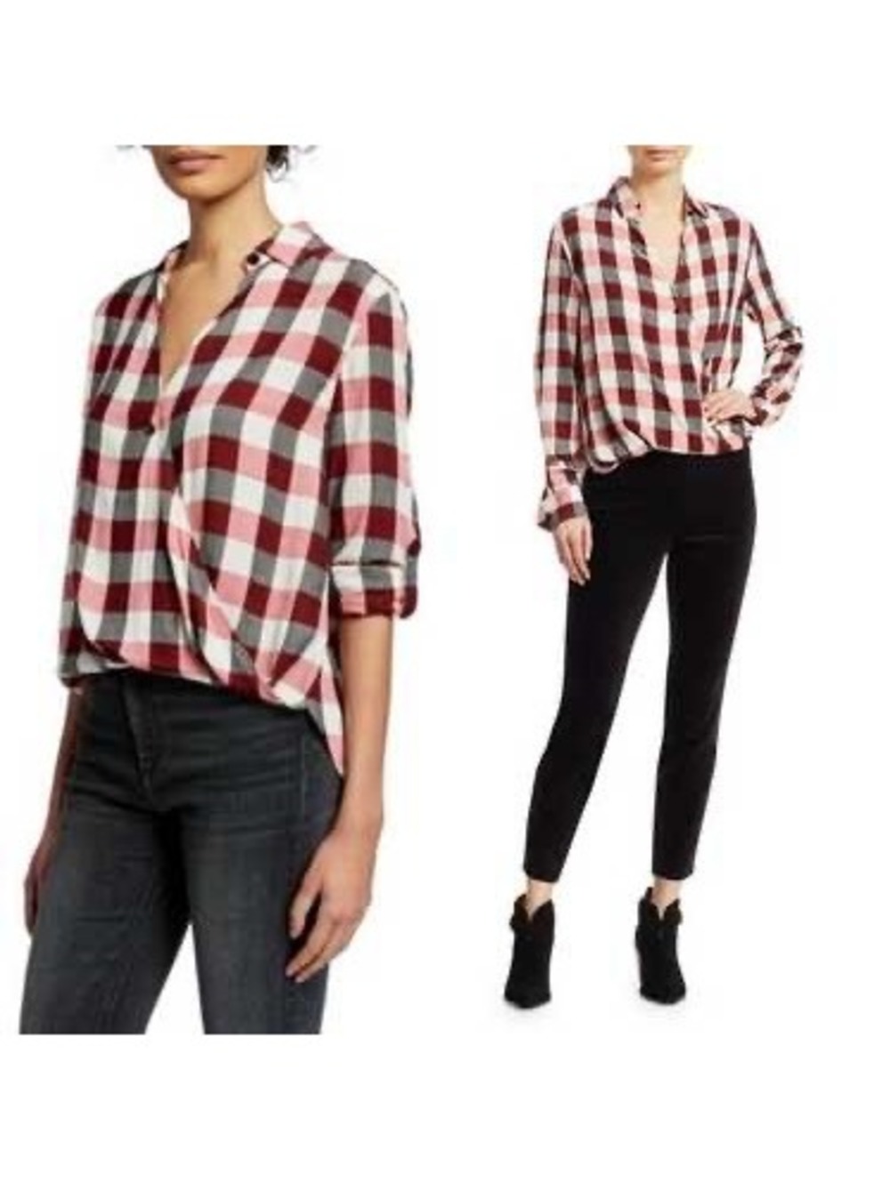 rag & bone Women's Red and White Plaid Button-Front Blouse, XS, Relaxed Fit, Rol